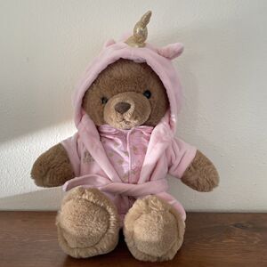 FAO Schwarz Bedtime Teddy Bear Unicorn Pink Bathrobe Gold Stuffed Plush 12"